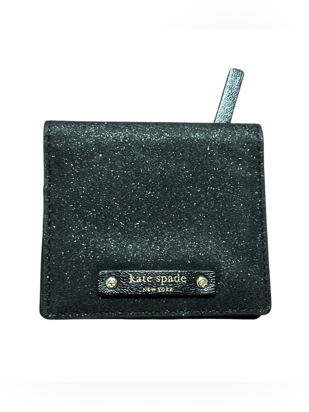 kate spade black glitter compact wallet with logo plaque